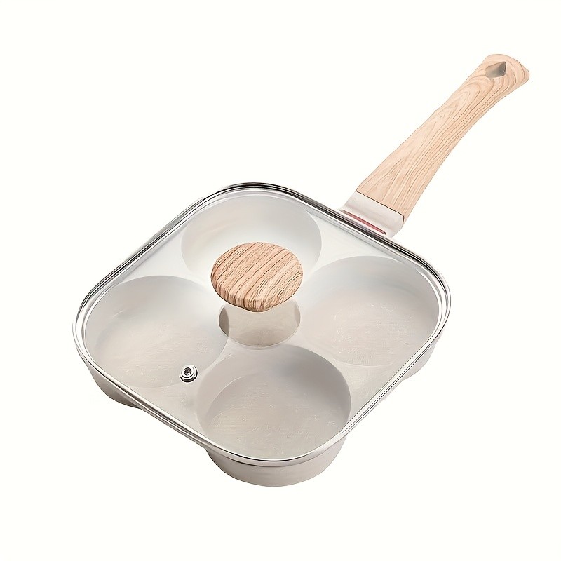 FARIDABIO 4-Holes Frying Pan with Lid  Non-Stick Egg and Burger Cooking Pan with Wooden Handle