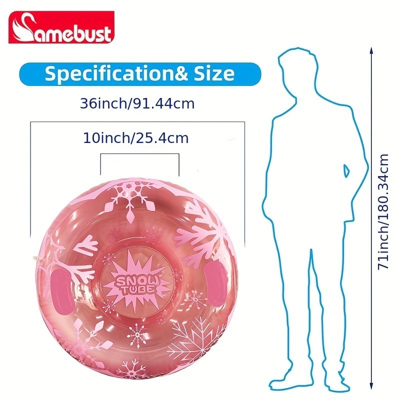 CAMEBUST 91.44cm Heavy-Duty Inflatable Snow Tube Pink/White Blow-Up Sled with Star & Snowflake Design