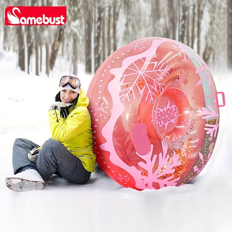 CAMEBUST 91.44cm Heavy-Duty Inflatable Snow Tube Pink/White Blow-Up Sled with Star & Snowflake Design