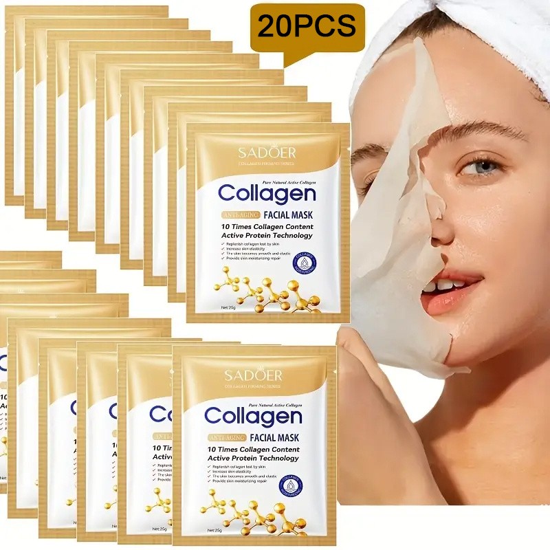 SADOER 20-Pack Collagen Face Mask with 95% Pure Collagen Formula  Deep Hydration & Instant Glow with Collagen-Infused Skincare