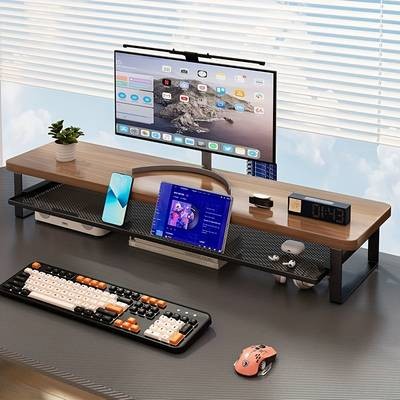 PMMJ Dual-Layer Computer Stand with Drawers  Space-Saving Monitor Stand with Enhanced Airflow and Storage
