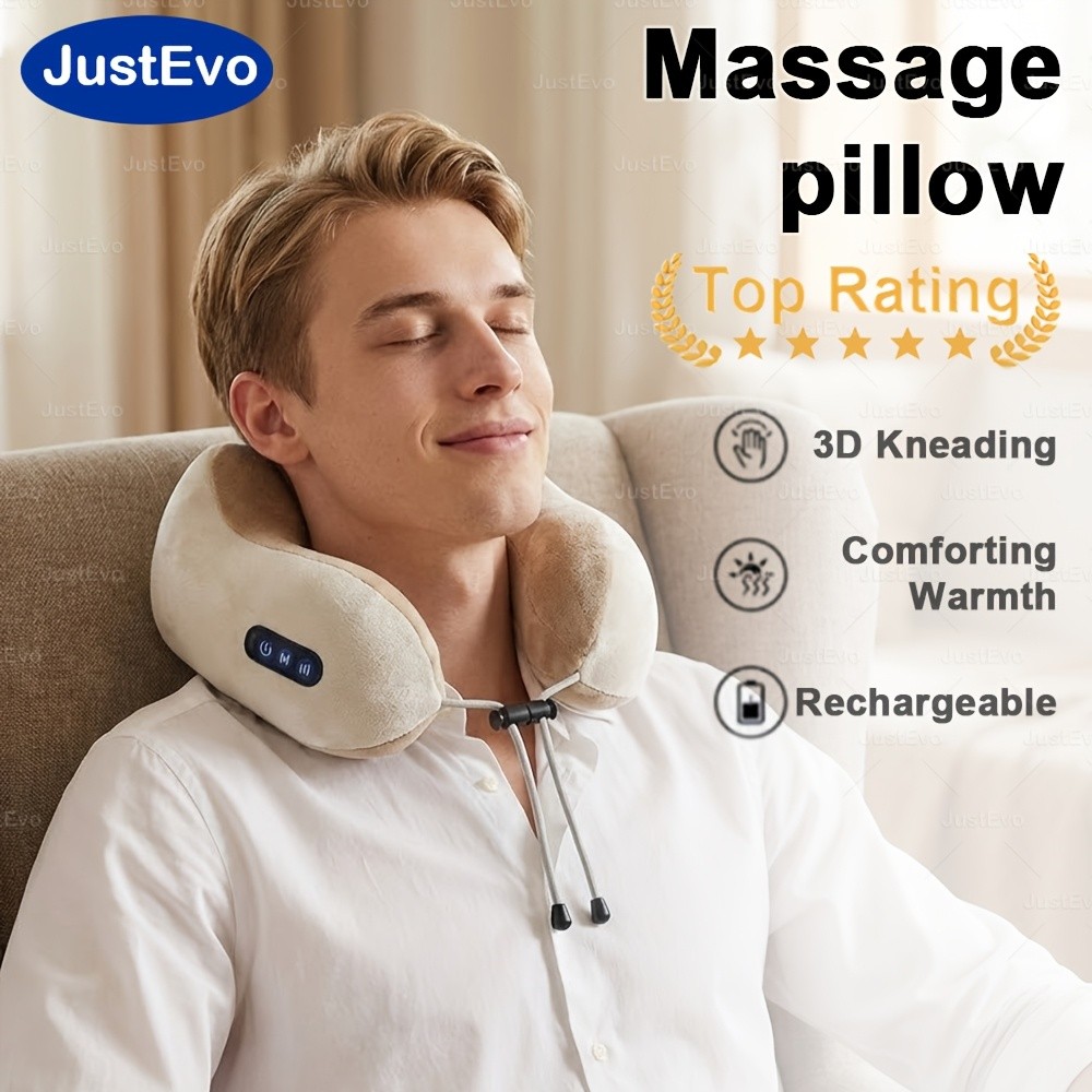 JUSTEVO 3D Kneading Neck Massage Pillow  Extra-Thick Memory Foam for Ultimate Comfort and Relaxation