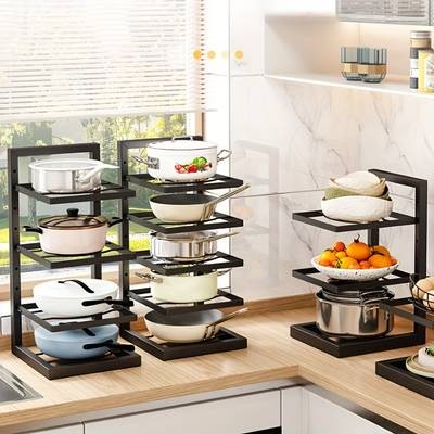 PMMJ Height Adjustable Three and Four Tier Pot Rack Space-Saving Kitchen Storage for Pots and Household Supplies