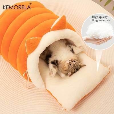 KEMORELA 2025 New Cat Ear Cat Bed Soft, Plush Semi-Enclosed Pet Nest for Ultimate Comfort