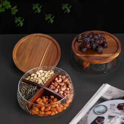 Faridabio Glass Food Storage Container with Wooden Lid  Elegant Round Design for Nuts, Fruits, Cereals, and Candy