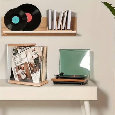 FARIDABIO Acrylic Record Shelf with Sleek Wooden Base  Modern Display Shelf for Vinyl Records, Books, and Tapes