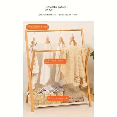 FARIDABIO Foldable Wooden Coat Rack  Freestanding Multipurpose Valet Stand with Basket