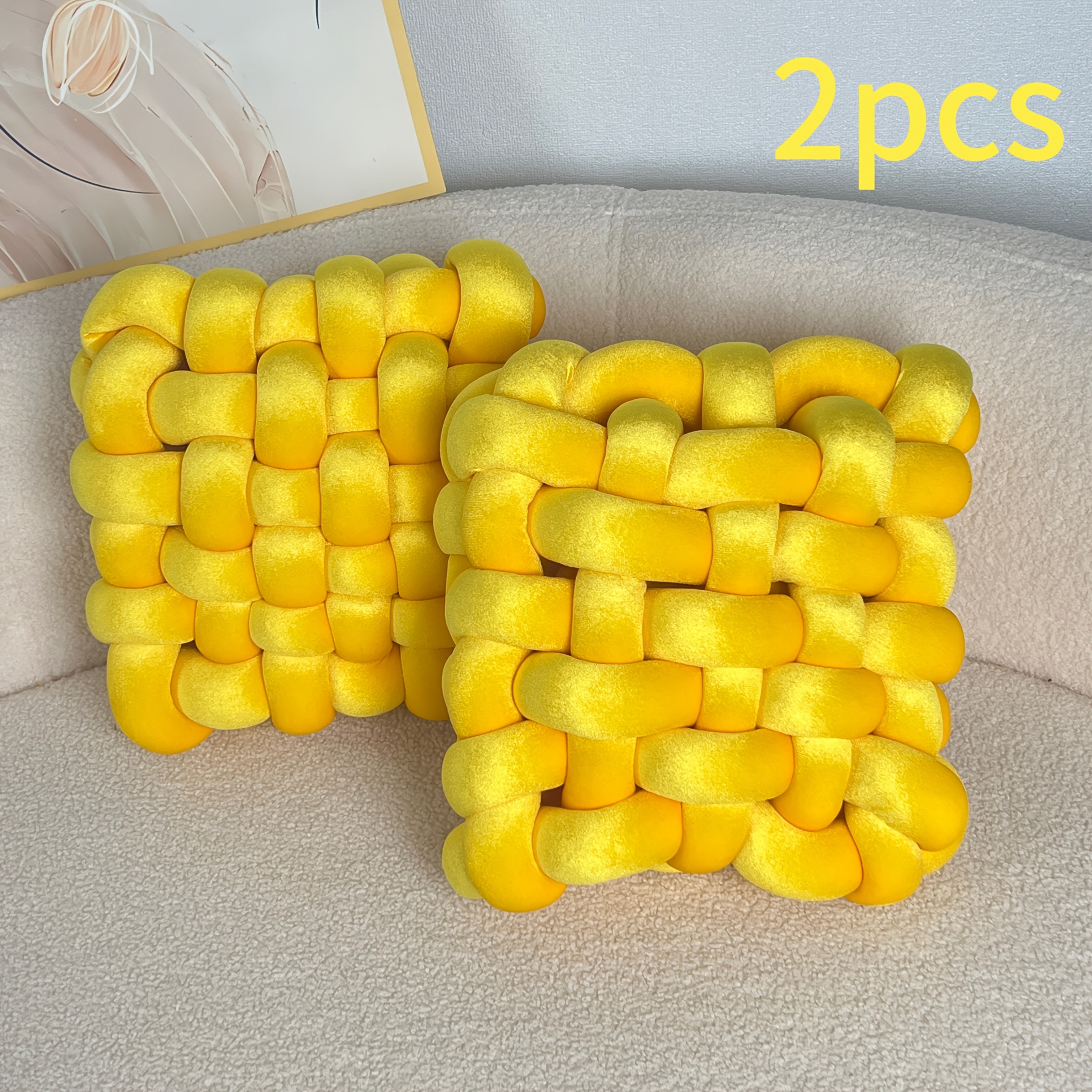 YLBKIKR 2pcs Set of Golden Velvet Hand-Knotted Square Decorative Pillows  Luxurious Cushions for Sofa, Bed, and Office Decor