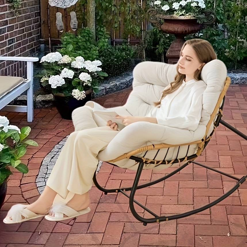 YLBKIKR Outdoor/Indoor Rocking Chair  Heavy-Duty Wicker & Metal Frame with Plush Padding for Patio, Porch, and Garden Comfort