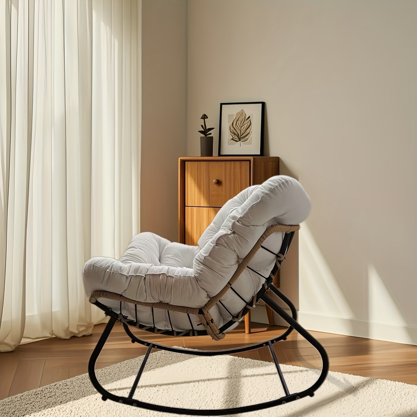 YLBKIKR Outdoor/Indoor Rocking Chair  Heavy-Duty Wicker & Metal Frame with Plush Padding for Patio, Porch, and Garden Comfort