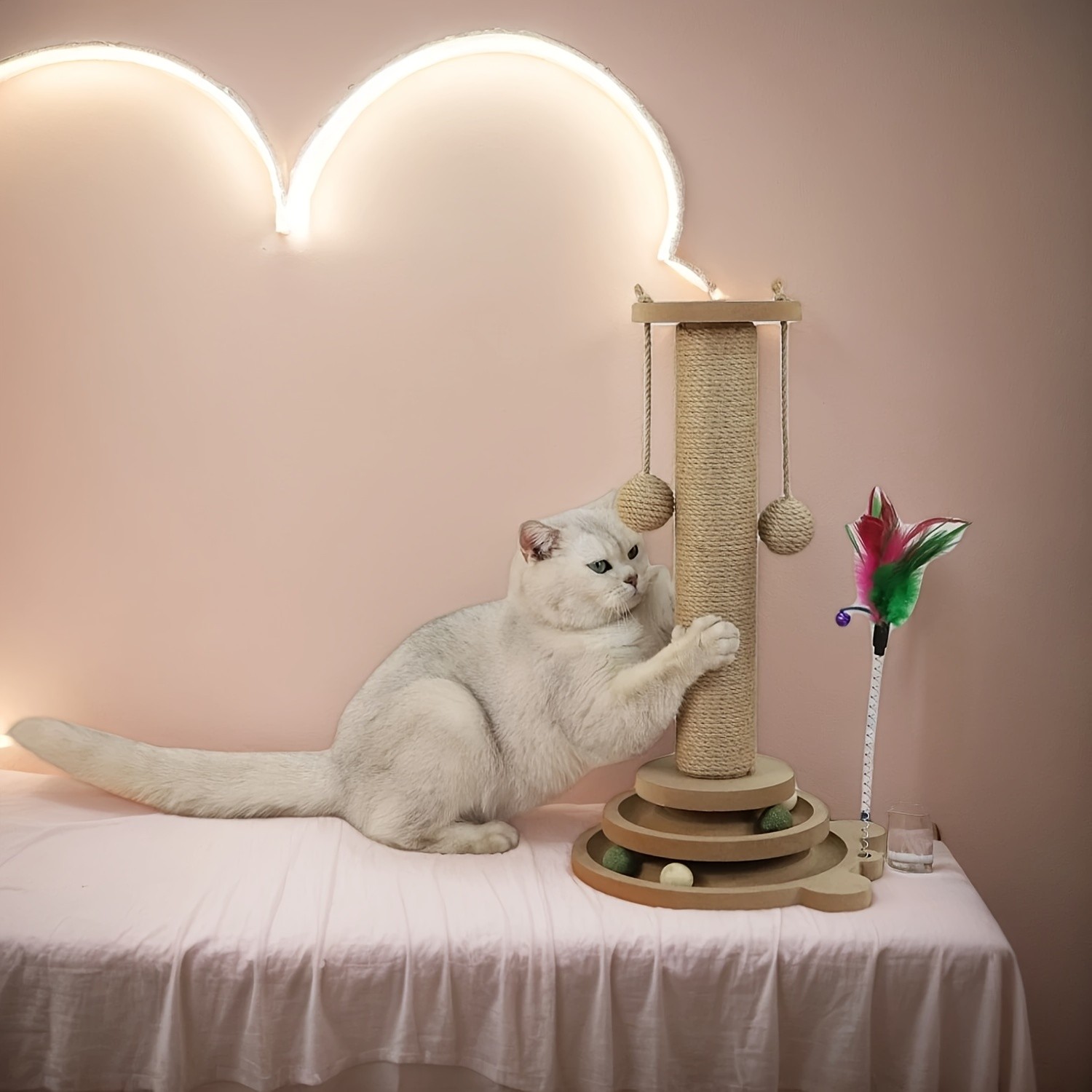 HAOZCL Interactive Cat Scratching Post Tower Durable, Multi-Functional Scratch Board with Ball Track and Hanging Toys for Endless Fun