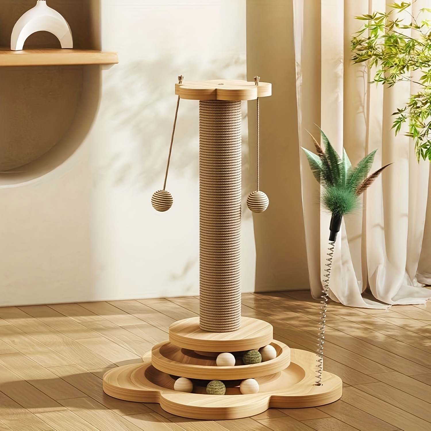 HAOZCL Interactive Cat Scratching Post Tower Durable, Multi-Functional Scratch Board with Ball Track and Hanging Toys for Endless Fun