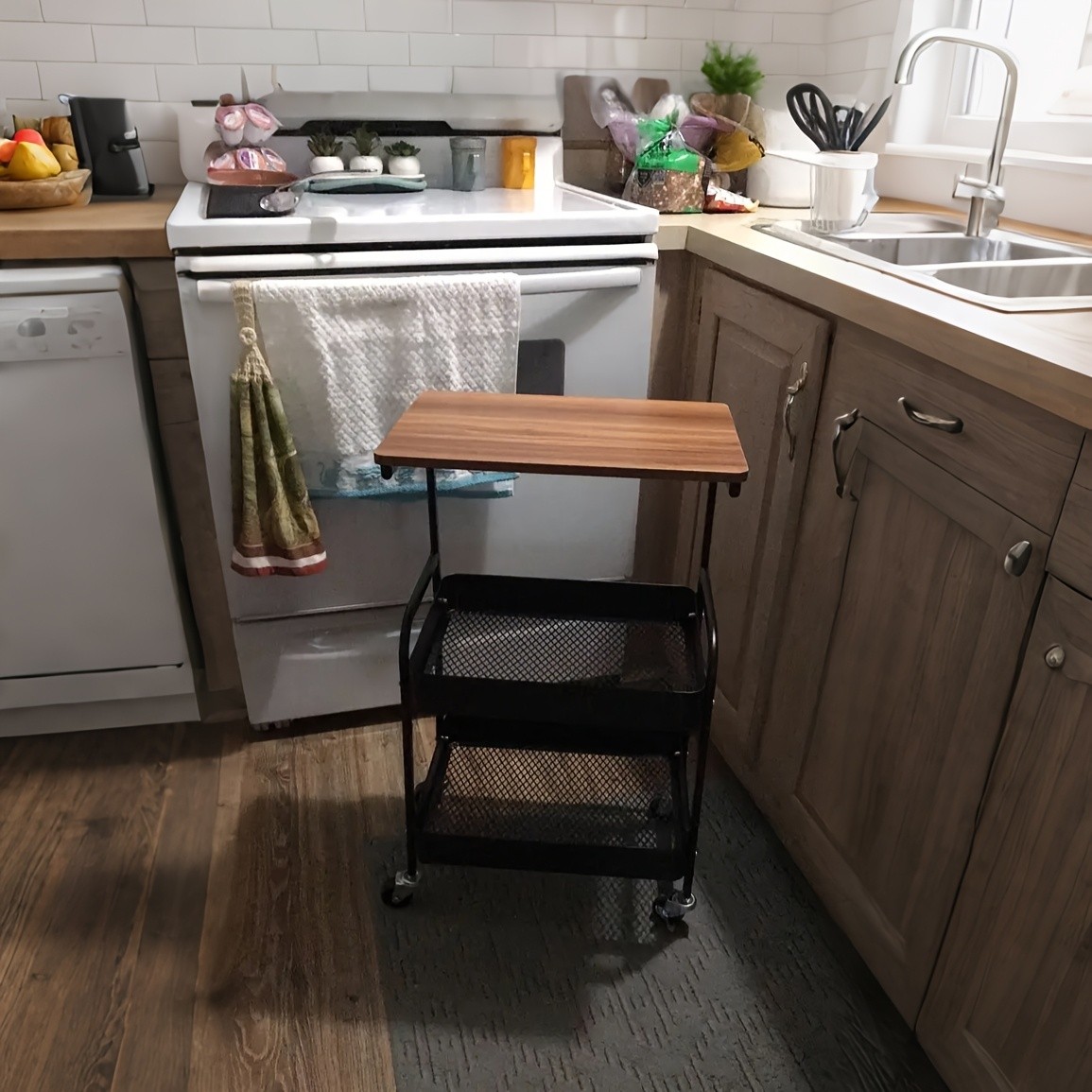 HAOZCL 3-Tier Rolling Cart with Tabletop Durable Carbon Steel Frame for Easy Mobility and Versatile Storage