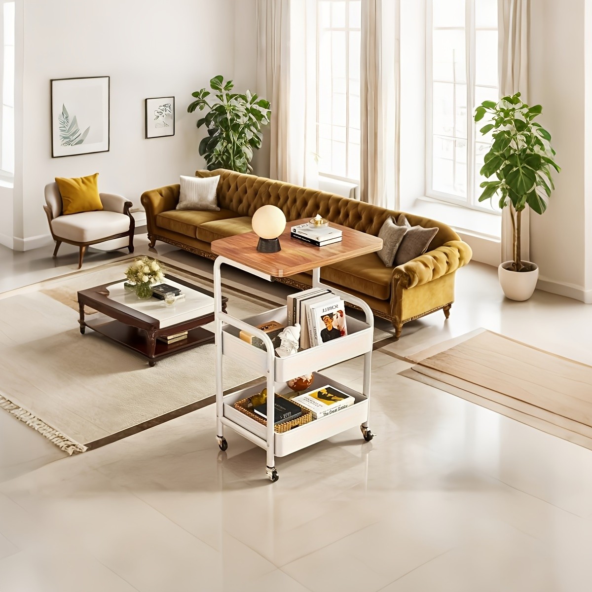 HAOZCL 3-Tier Rolling Cart with Tabletop Durable Carbon Steel Frame for Easy Mobility and Versatile Storage