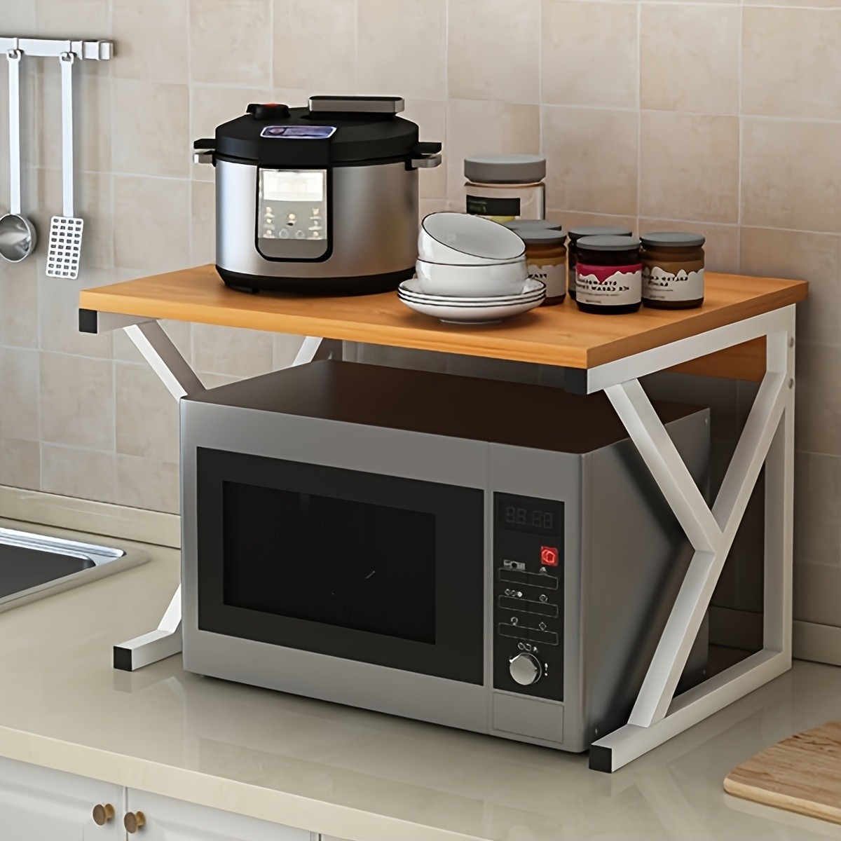 HAOZCL Modern Wooden & Metal Kitchen Cart with 2-Tier Shelves  Sleek Countertop Storage Rack for Microwave, Coffee Maker, and Spice Jars