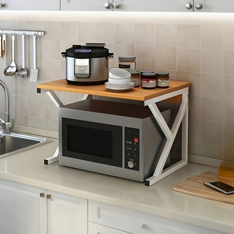 HAOZCL Modern Wooden & Metal Kitchen Cart with 2-Tier Shelves  Sleek Countertop Storage Rack for Microwave, Coffee Maker, and Spice Jars