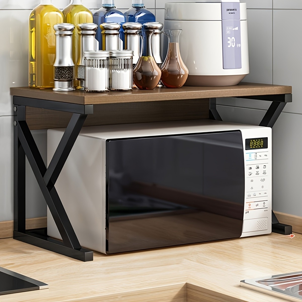 HAOZCL Modern Wooden & Metal Kitchen Cart with 2-Tier Shelves  Sleek Countertop Storage Rack for Microwave, Coffee Maker, and Spice Jars