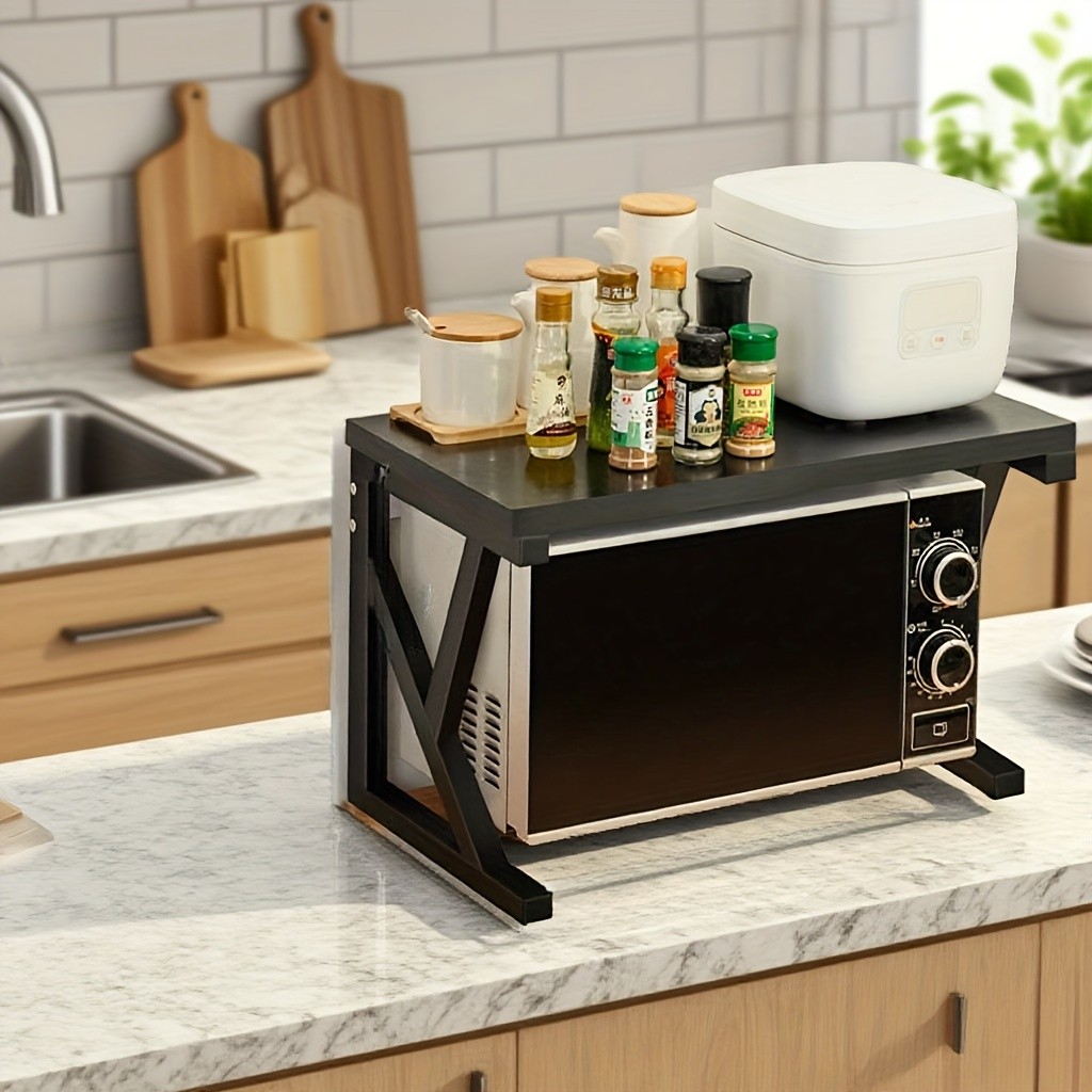 HAOZCL Modern Wooden & Metal Kitchen Cart with 2-Tier Shelves  Sleek Countertop Storage Rack for Microwave, Coffee Maker, and Spice Jars