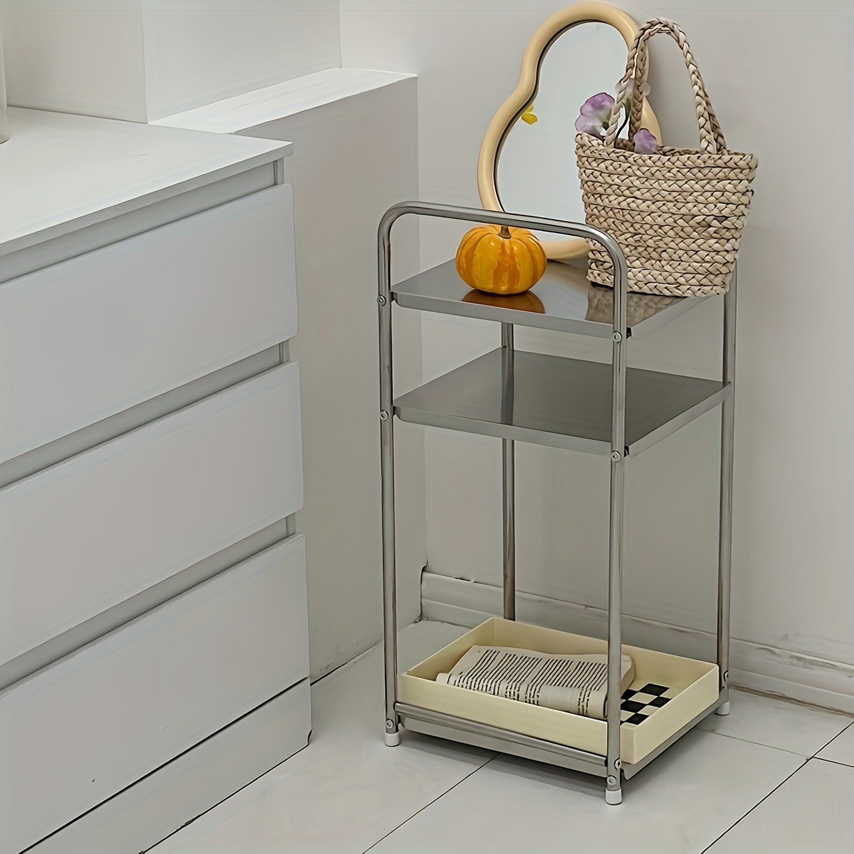 HAOZCL Three-Level Stainless Steel Side Table  Industrial Design Storage Shelf for Living Room, Bedroom, and More