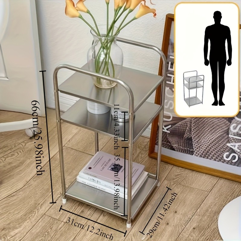 HAOZCL Three-Level Stainless Steel Side Table  Industrial Design Storage Shelf for Living Room, Bedroom, and More