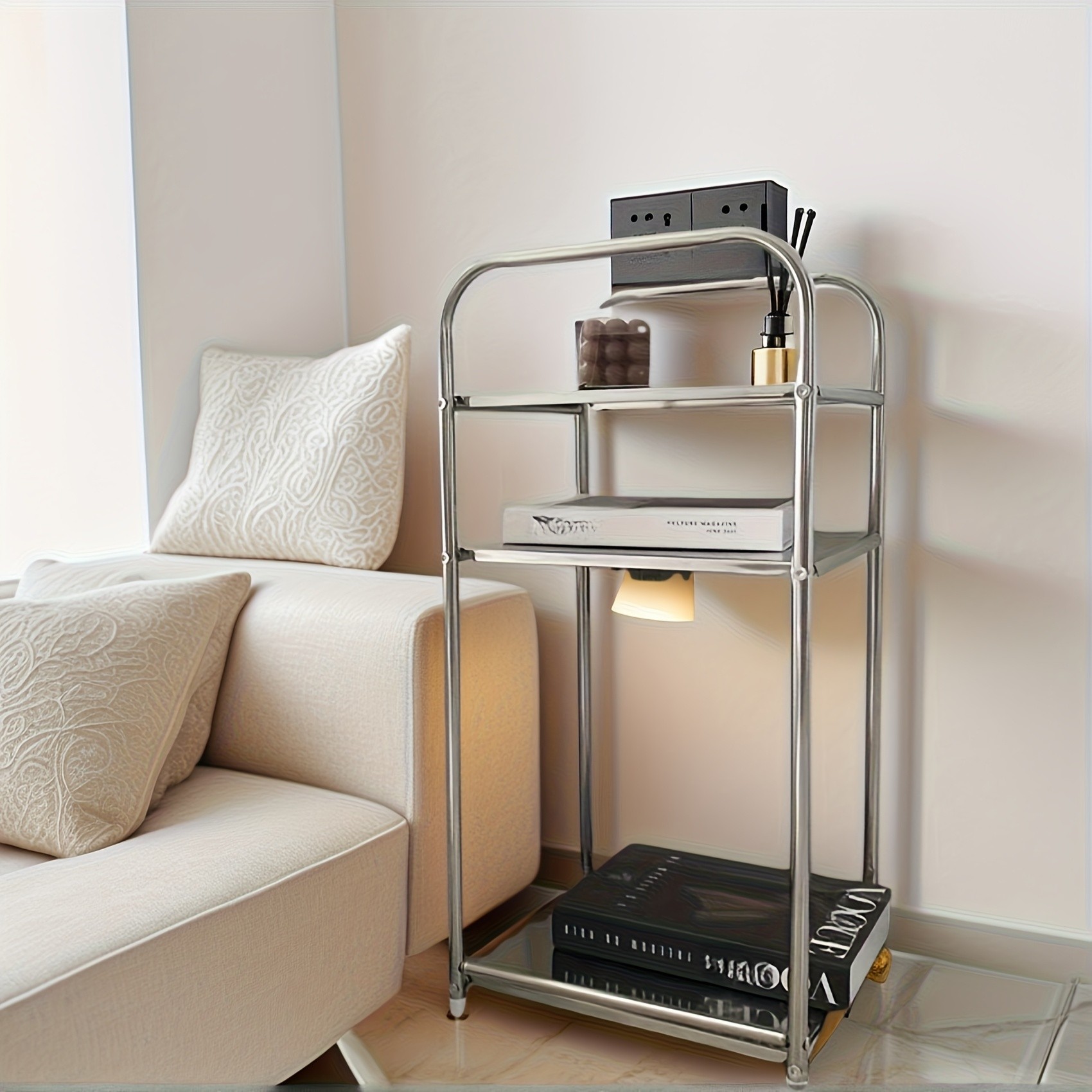 HAOZCL Three-Level Stainless Steel Side Table  Industrial Design Storage Shelf for Living Room, Bedroom, and More