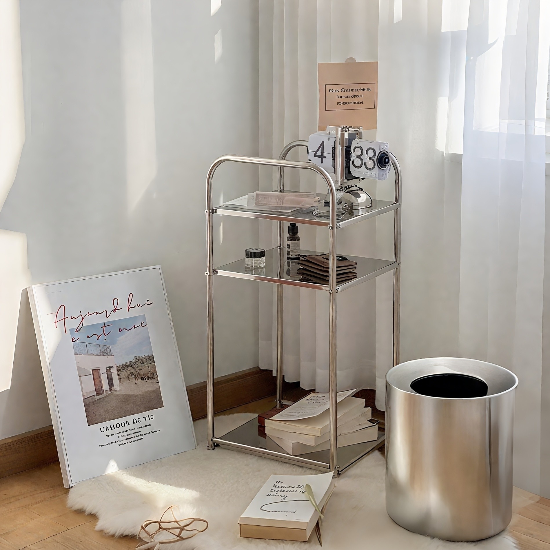 HAOZCL Three-Level Stainless Steel Side Table  Industrial Design Storage Shelf for Living Room, Bedroom, and More