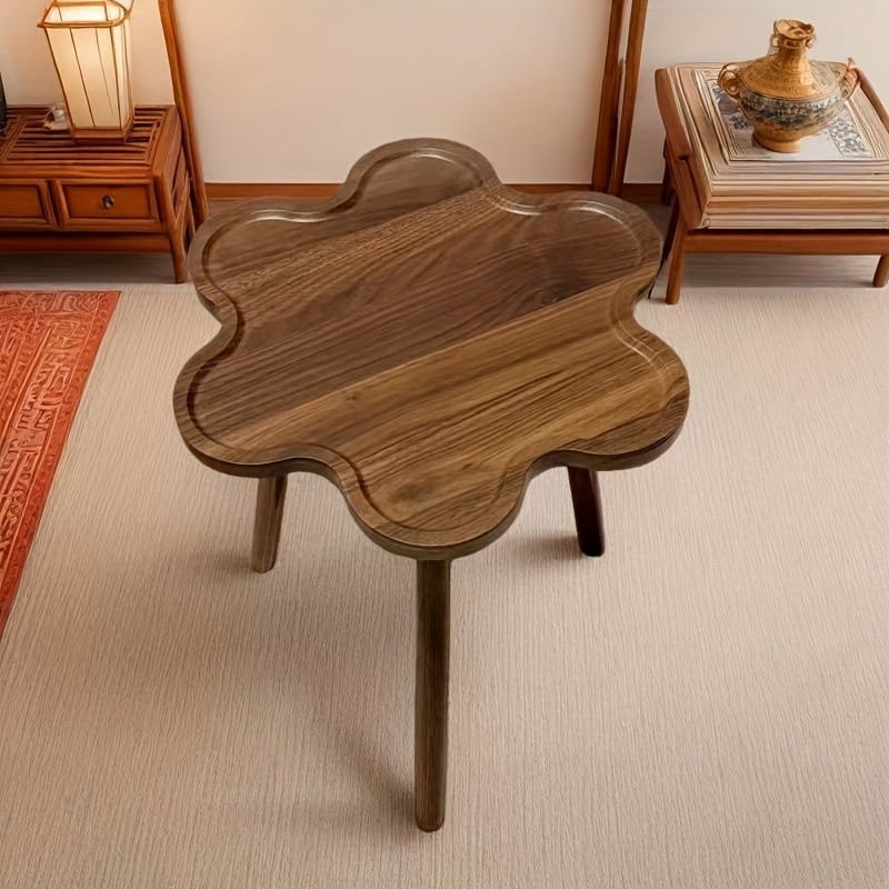 HAOZCL Round Side Table with Storage Rack  Vintage Hardwood Coffee Table with Geometric Pattern Top for Living Room, Bedroom, and Balcony