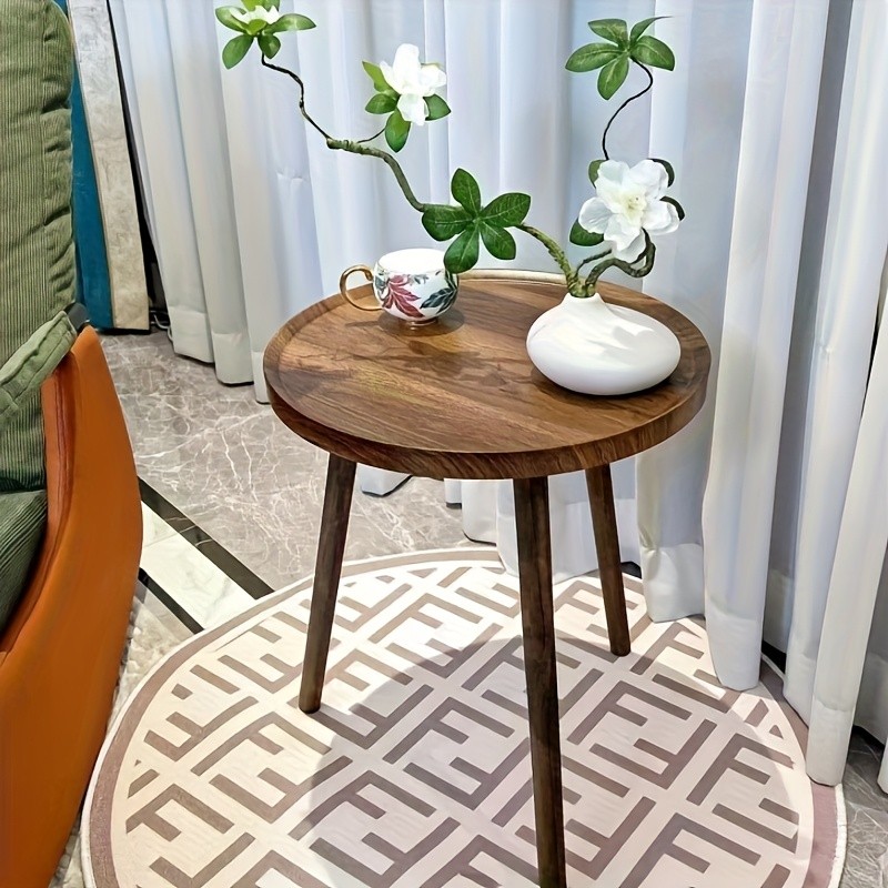 HAOZCL Round Side Table with Storage Rack Vintage Hardwood Coffee Table with Geometric Pattern Top for Living Room, Bedroom, and Balcony
