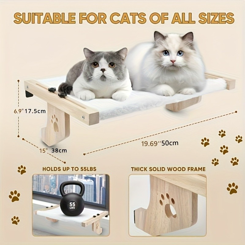 HAOZCL Cozy Cat Hammock Bed with Paw Print Design  Soft Plush Lining and Sturdy Wooden Frame for Indoor Cats to Sunbathe and Relax