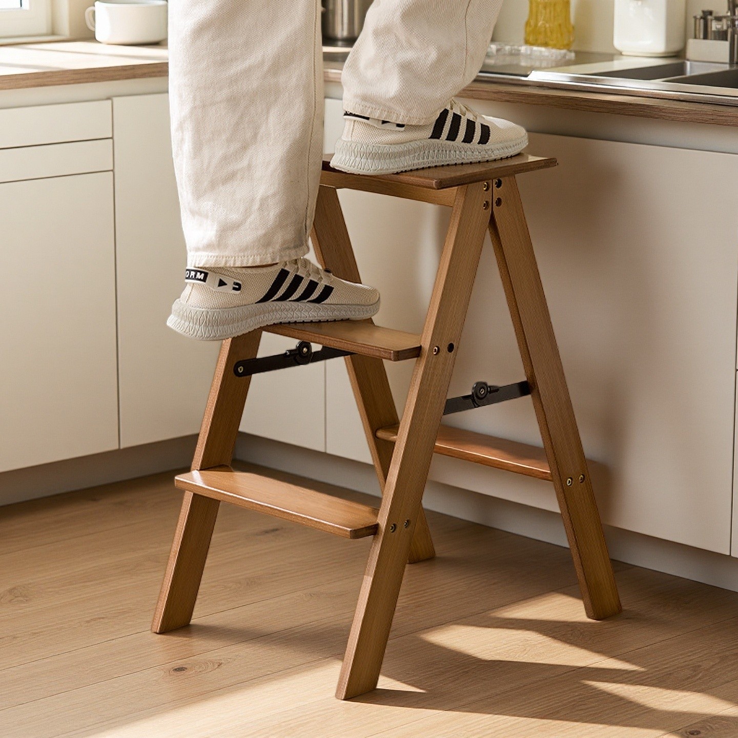 HAOZCL Multi-Functional 3-Tier Folding Step Stool Portable Ladder with Natural Finish for Home, Office, and Outdoor Use