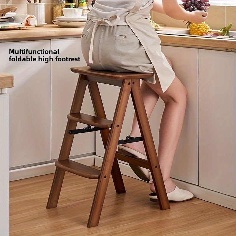 HAOZCL Multi-Functional 3-Tier Folding Step Stool Portable Ladder with Natural Finish for Home, Office, and Outdoor Use