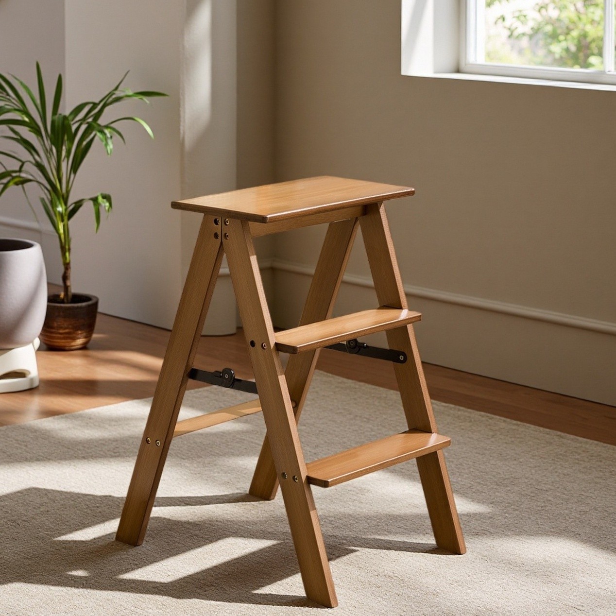 HAOZCL Multi-Functional 3-Tier Folding Step Stool Portable Ladder with Natural Finish for Home, Office, and Outdoor Use