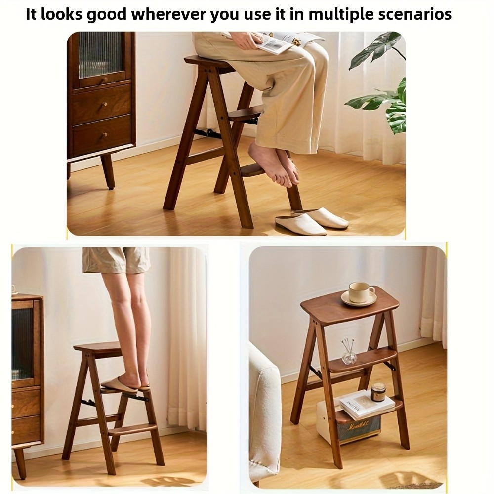 HAOZCL Multi-Functional 3-Tier Folding Step Stool Portable Ladder with Natural Finish for Home, Office, and Outdoor Use