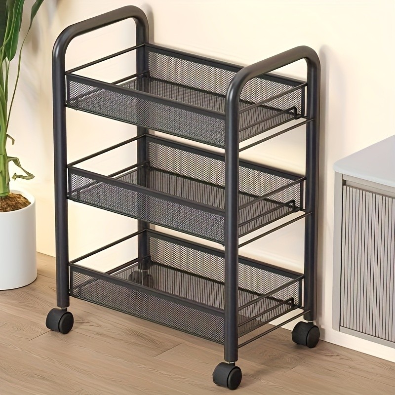 HAOZCL Mesh Rolling Wire Multifunctional Cart  3-Layer Metal Storage Cart with Lockable Wheels for Home, Office, and Kitchen Use