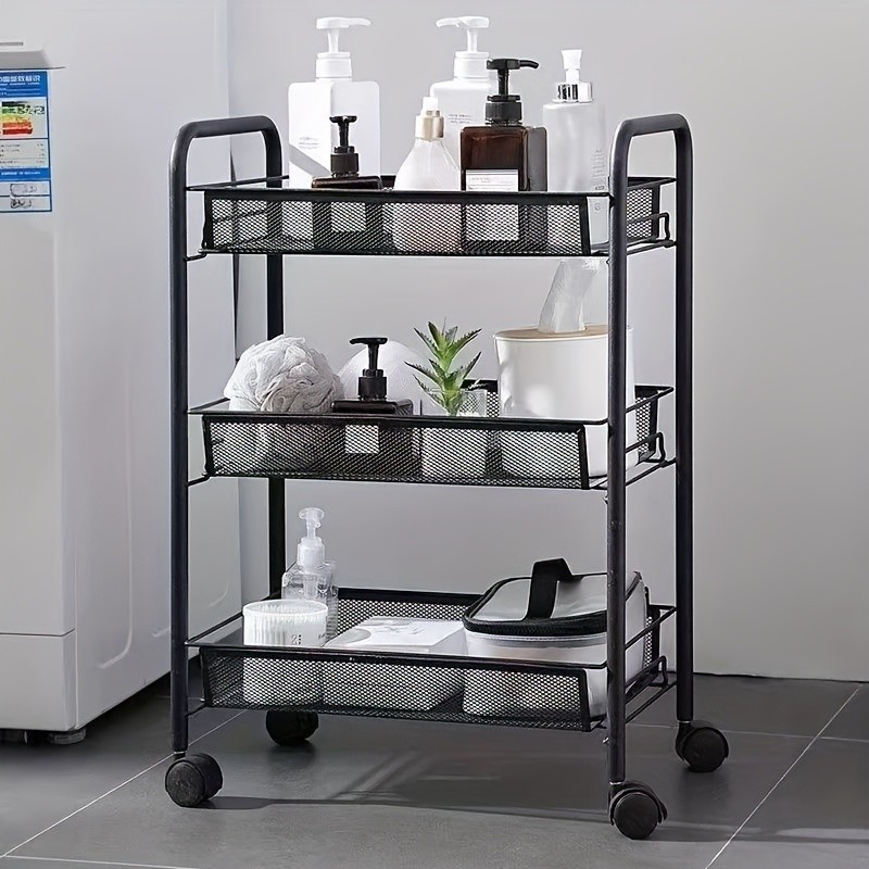 HAOZCL Mesh Rolling Wire Multifunctional Cart  3-Layer Metal Storage Cart with Lockable Wheels for Home, Office, and Kitchen Use
