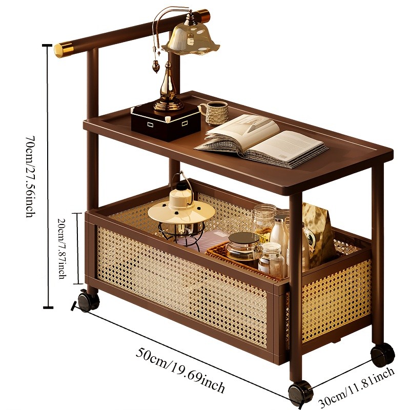 HAOZCL Antique Style Solid Hardwood Mobile Side Table with Golden Accents Vintage Tea Cart on Wheels for Living Room with Open Shelves and Baskets