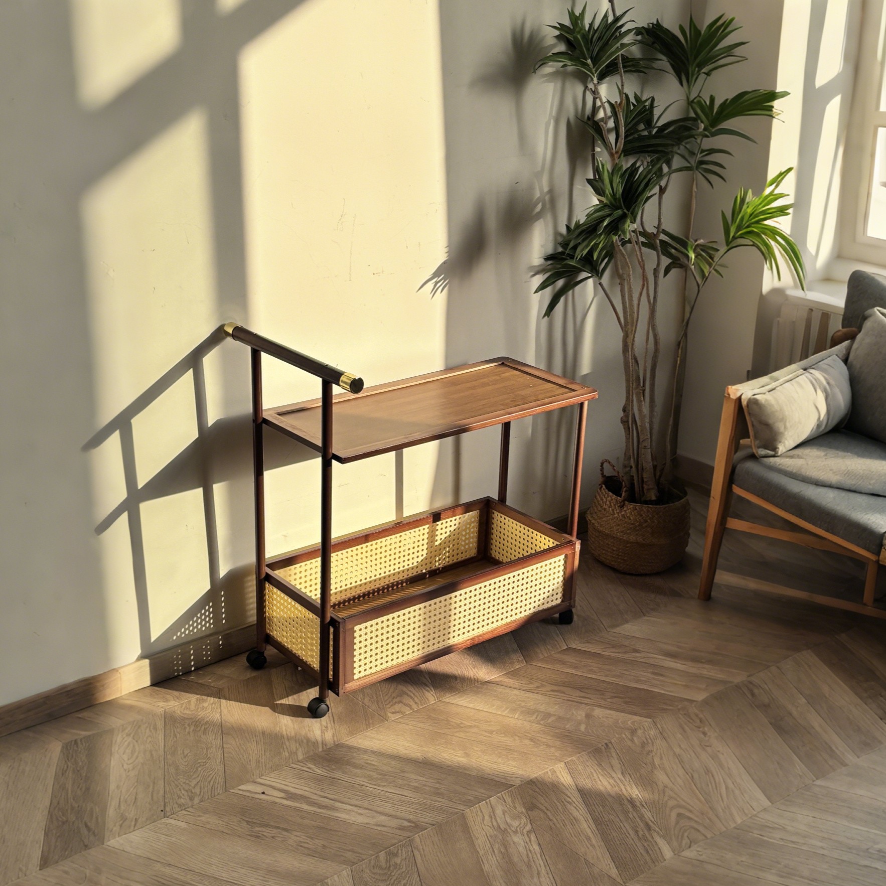 HAOZCL Antique Style Solid Hardwood Mobile Side Table with Golden Accents Vintage Tea Cart on Wheels for Living Room with Open Shelves and Baskets