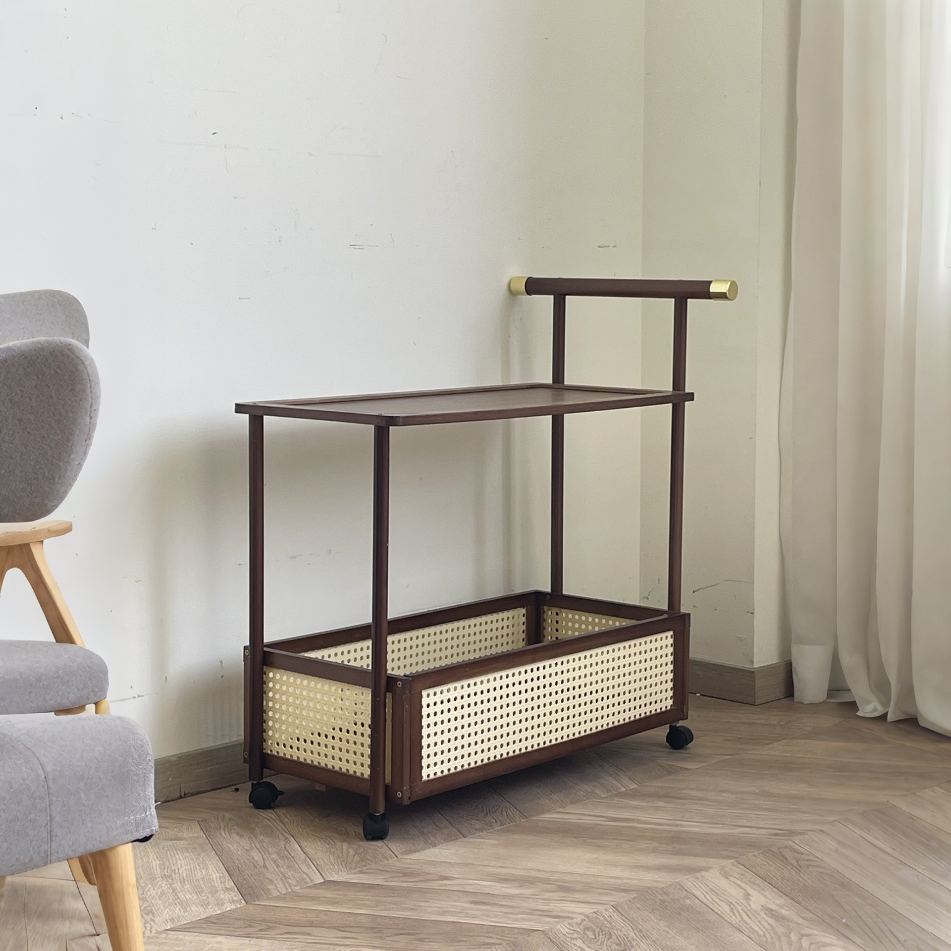 HAOZCL Antique Style Solid Hardwood Mobile Side Table with Golden Accents Vintage Tea Cart on Wheels for Living Room with Open Shelves and Baskets