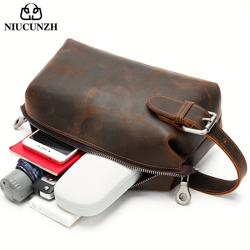 NIUCUNZH Mens Vintage Multi-functional Genuine Leather Toiletry Bag  Stylish and Spacious for Travel, Grooming, and Everyday Essentials