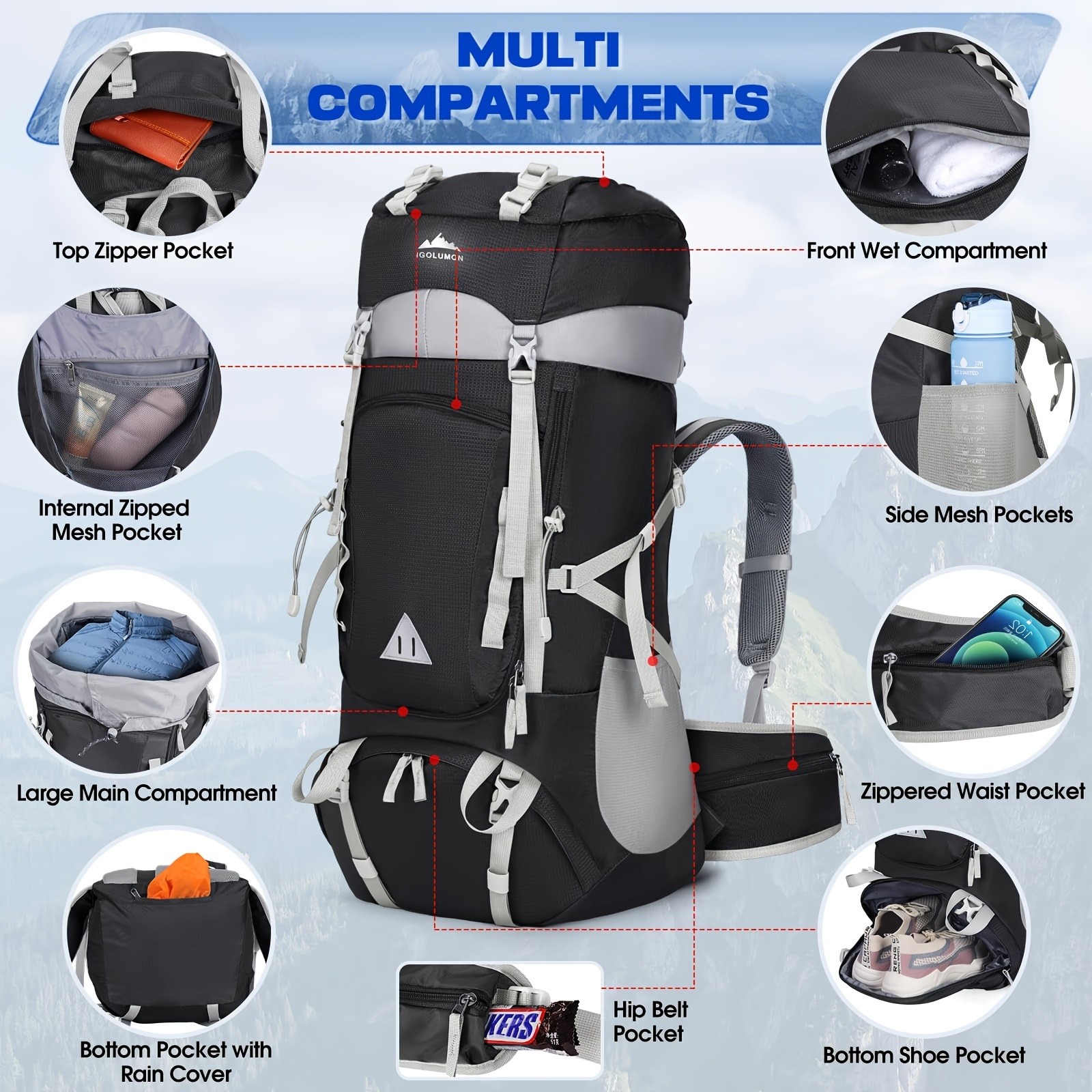 IGOLUMON 60L Hiking Backpack Durable, Spacious, and Perfect for Hiking, Camping, and Travel