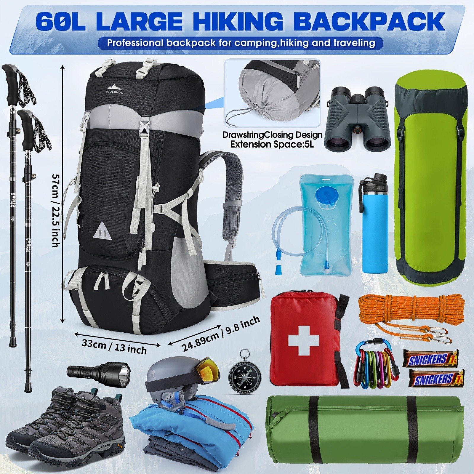 IGOLUMON 60L Hiking Backpack Durable, Spacious, and Perfect for Hiking, Camping, and Travel