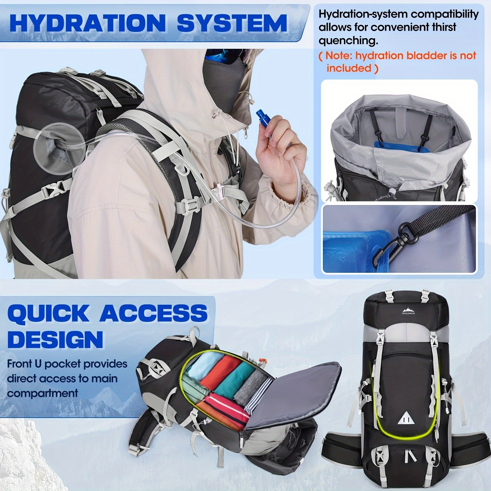 IGOLUMON 60L Hiking Backpack  Durable, Spacious, and Perfect for Hiking, Camping, and Travel