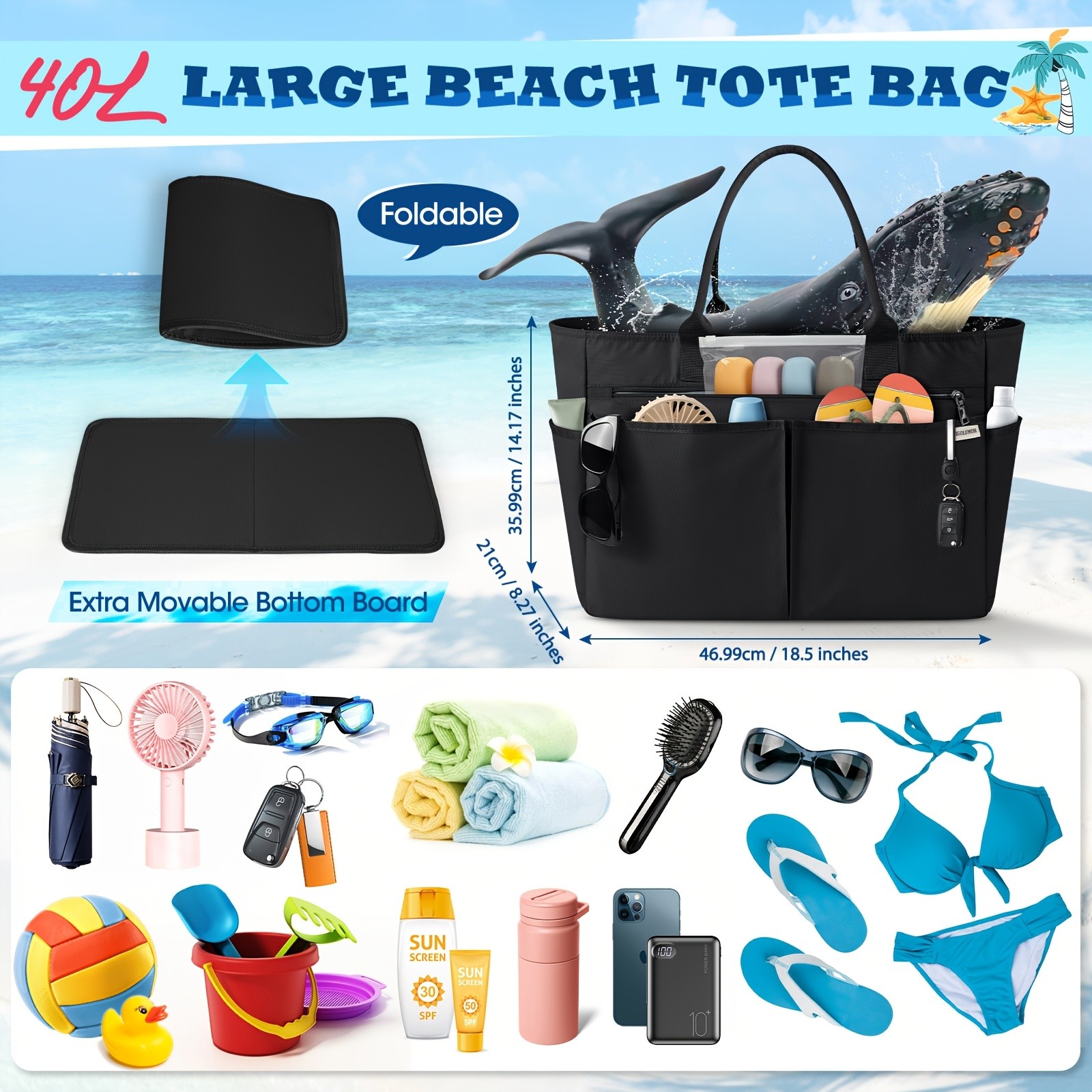 IGOLUMON 40L Tote Bag with Zipper  Spacious, Foldable, and Perfect for Beach, Travel, and Gym