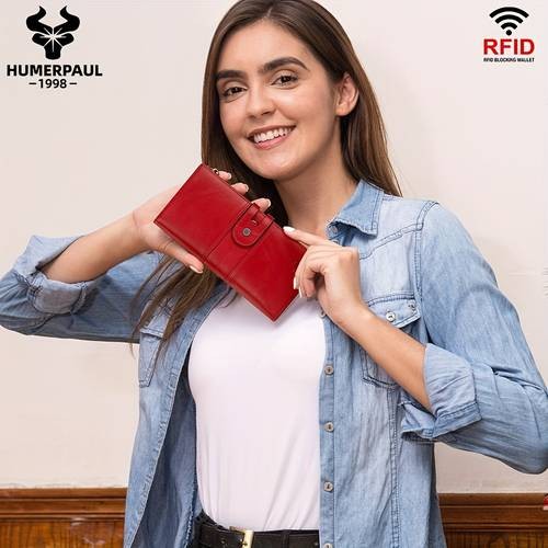 HUMERPAUL Women's Genuine Leather Wallet  Stylish Red Long Clutch with Multiple Card Slots and Zipper Pocket