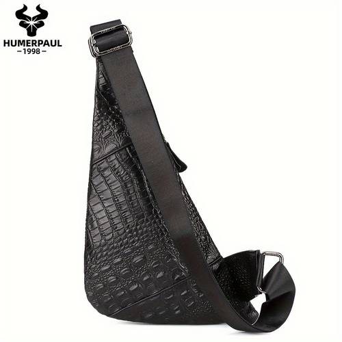 HUMERPAUL Mens Genuine Leather Crossbody Bag  Stylish Alligator Pattern with Multi-Compartment Design for Daily Commute