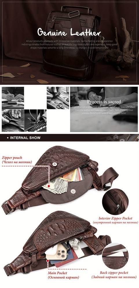 HUMERPAUL Mens Genuine Leather Crossbody Bag  Stylish Alligator Pattern with Multi-Compartment Design for Daily Commute