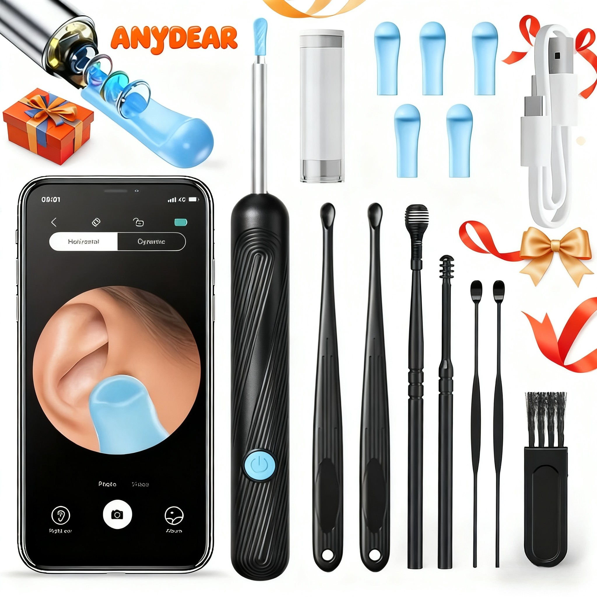 ANYDEAR 8pcs Ear Cleaning Kit with Camera and Light