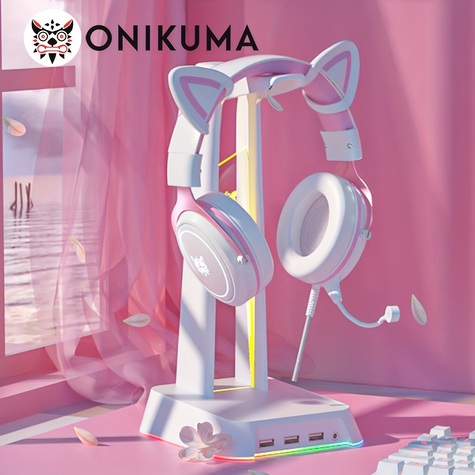 ONIKUMA 3.5mm Wired Gaming Headset Panoramic Sound, Detachable Cat Ear Decor, and RGB Lighting