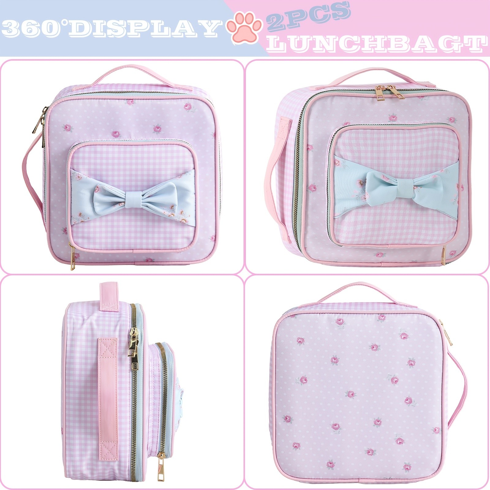 DANCURKEY Cute Pink and White Polka Dot Rose Lunch Bag with Bow Accent