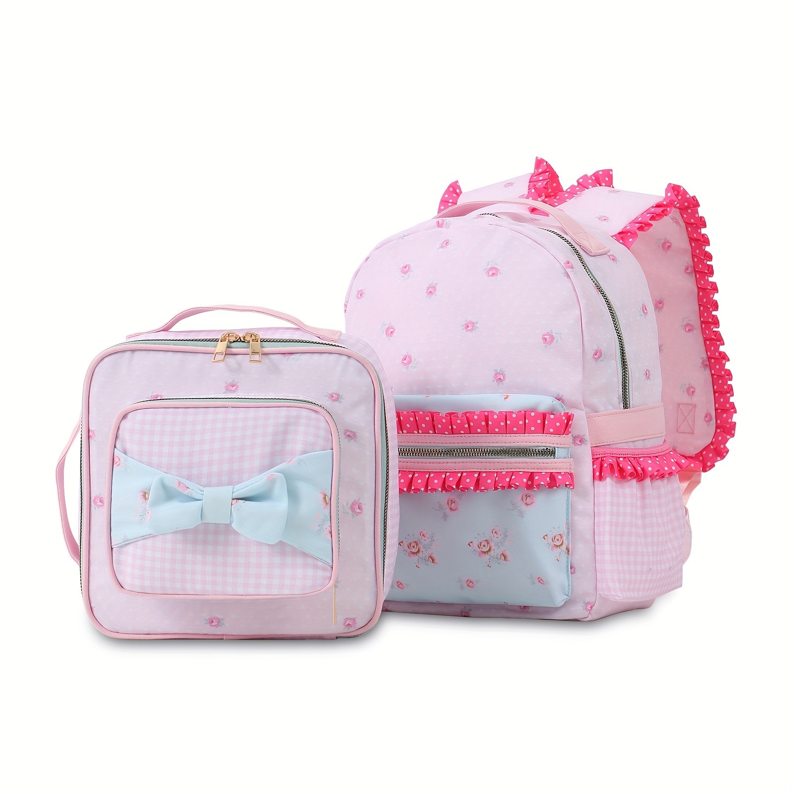 DANCURKEY Cute Pink and White Polka Dot Rose Lunch Bag with Bow Accent